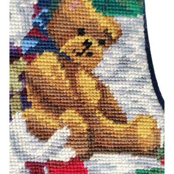 Santa Needlepoint Christmas Stocking Wool Teddy Bear Tree Holly Blue Velvet 18" - Picture 5 of 10